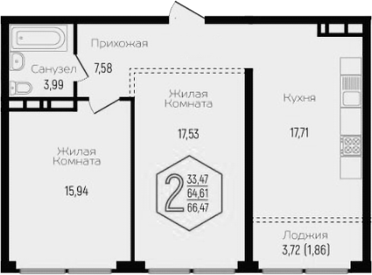 3-комн., 63.84 м², 8/24 этаж, ЖК «Гарантия PRIME»