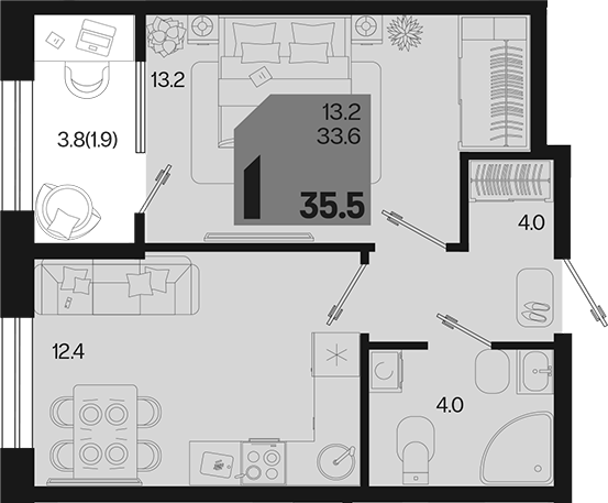 1-комн., 33.6 м², 2/9 этаж, ЖК «Первое место»