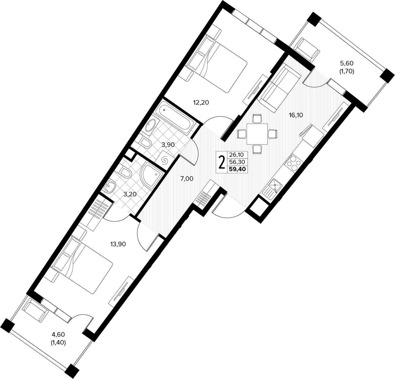 Продается 2-комн. квартира, 56.3 м²