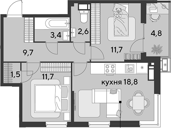 3-комн., 59.4 м², 10/18 этаж, ЖК «Парк Победы»