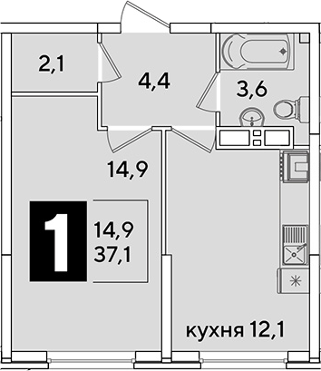 1-комн., 37.1 м², 11/16 этаж, ЖК «Самолет»