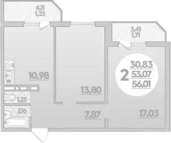 2-комн., 53.07 м², 6/8 этаж, ЖК «Молодежный 2»