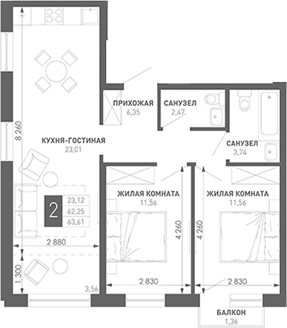 2-комн., 65.27 м², 3/18 этаж, ЖК «Иначе в Молодежном»