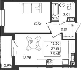 1-комн., 37.15 м², 15/18 этаж, ЖК «Дом 101»