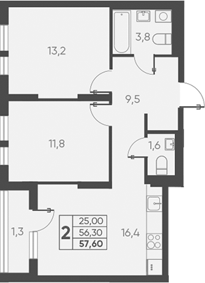 2-комн., 56.3 м², 2/15 этаж, ЖК «Барса»