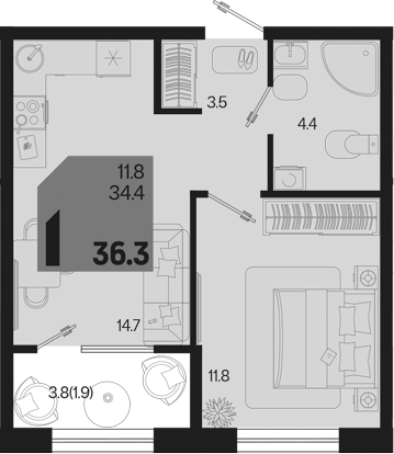 1-комн., 34.4 м², 2/9 этаж, ЖК «Первое место»