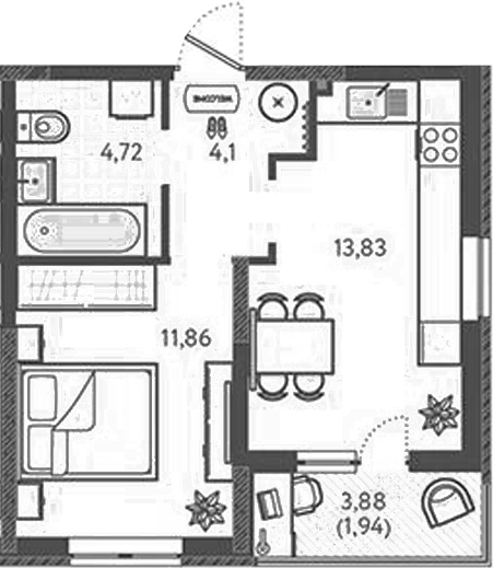 1-комн., 34.51 м², 9/9 этаж, ЖК «Теплые края»