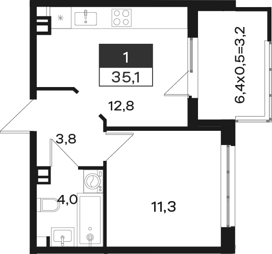 1-комн., 31.9 м², 3/4 этаж, ЖК «Новая Елизаветка»