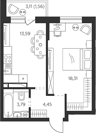 1-комн., 40.14 м², 6/9 этаж, ЖК «К24»