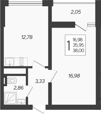 1-комн., 36.95 м², 6/19 этаж, ЖК «Кислород»