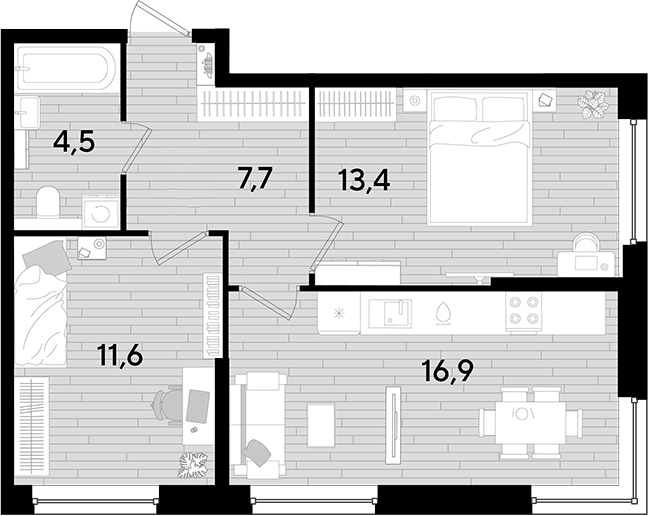2-комн., 54.1 м², 2/16 этаж, ЖК «DОГМА ПАРК»