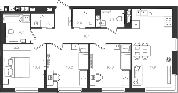 3-комн., 69.1 м², 4/9 этаж, ЖК «Самолет»