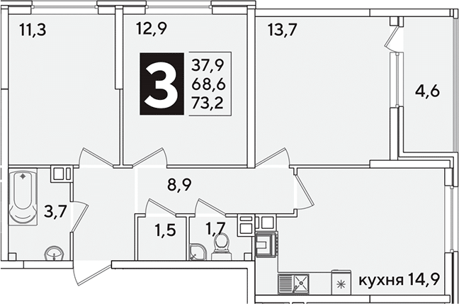 3-комн., 68.6 м², 4/16 этаж, ЖК «Самолет»