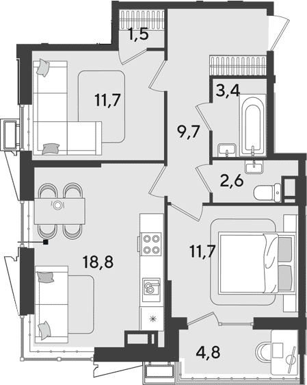 3-комн., 59.4 м², 18/18 этаж, ЖК «Парк Победы»
