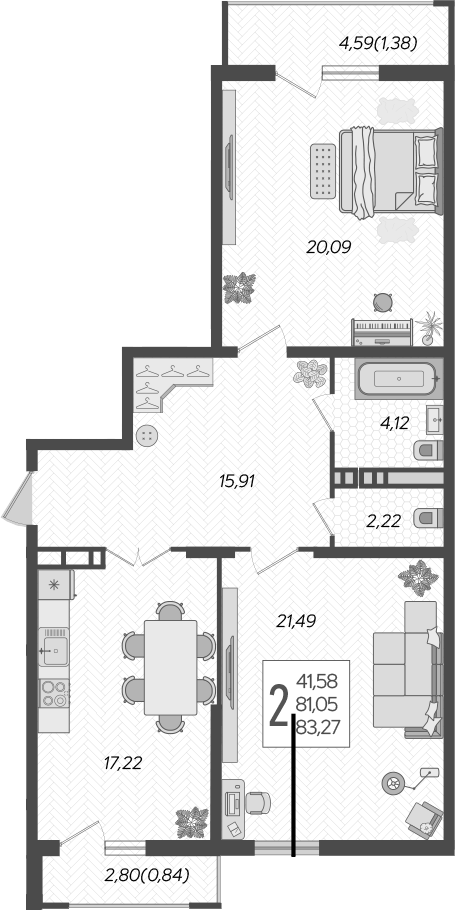 Продается 2-комн. квартира, 81.05 м²