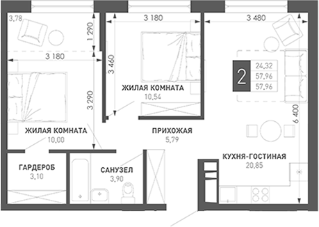 2-комн., 59.5 м², 10/18 этаж, ЖК «Иначе в Молодежном»