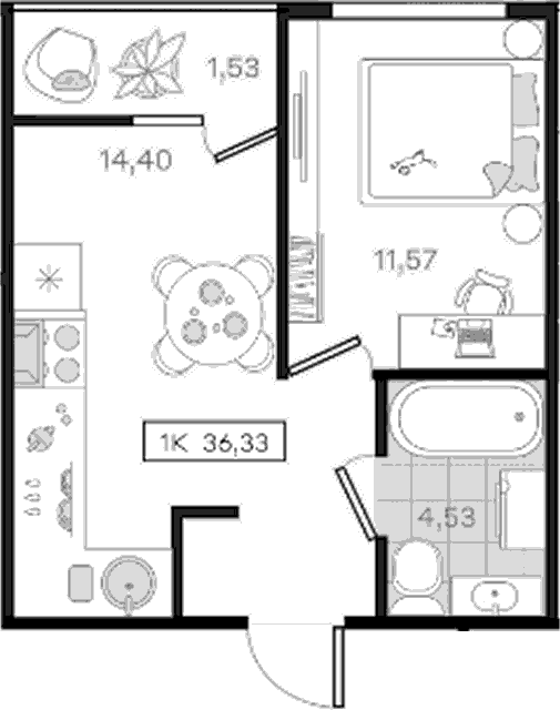 1-комн., 34.8 м², 2/8 этаж, ЖК «История 3»