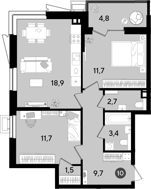3-комн., 59.6 м², 5/18 этаж, ЖК «Парк Победы»