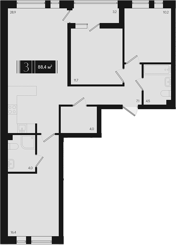 3-комн., 86.8 м², 2/9 этаж, ЖК «Эрмитаж»