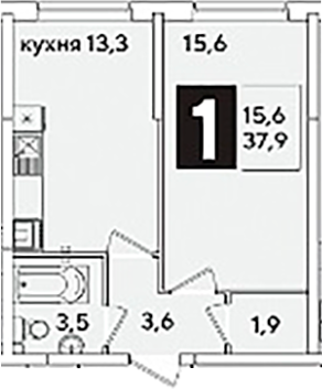 1-комн., 37.9 м², 1/16 этаж, ЖК «Самолет»