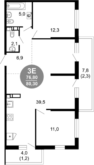 3-комн., 76.8 м², 2/17 этаж, ЖК «Лестория»