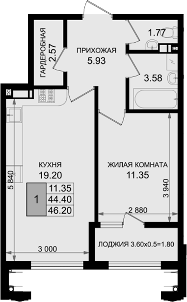 1-комн., 44.4 м², 7/8 этаж, ЖК «Резиденция морей»