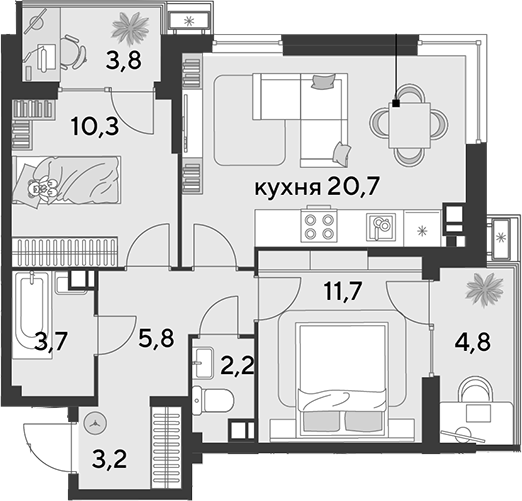 3-комн., 57.6 м², 7/18 этаж, ЖК «Парк Победы»