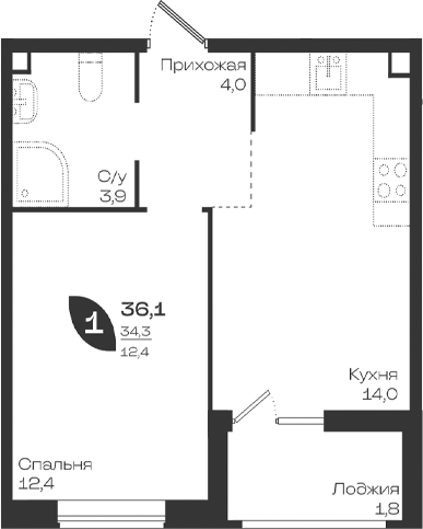 Продается 1-комн. квартира, 34.3 м²