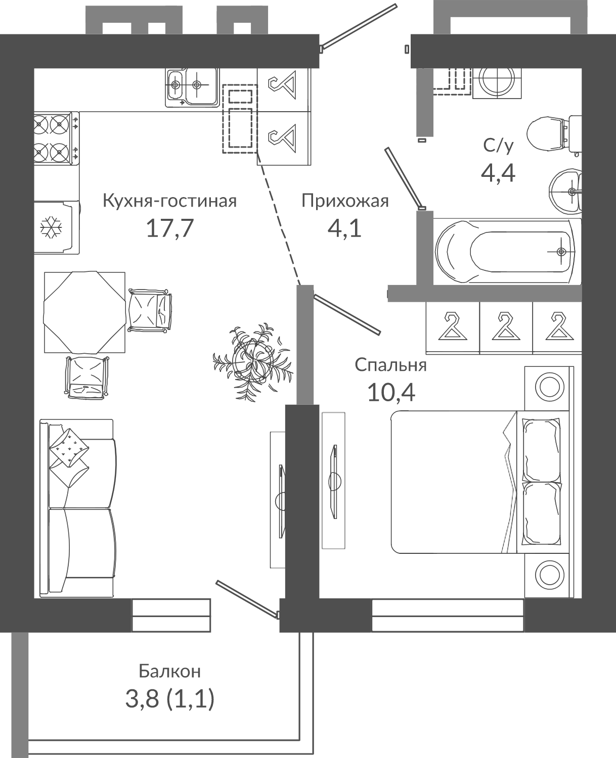 2-комн., 36.6 м², 1/12 этаж, ЖК «Флора»