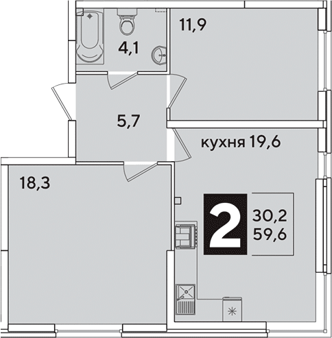 3-комн., 59.6 м², 2/16 этаж, ЖК «Самолет»