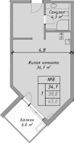 Студия, 39 м², 1/4 этаж, ЖК «Оазис Азова»