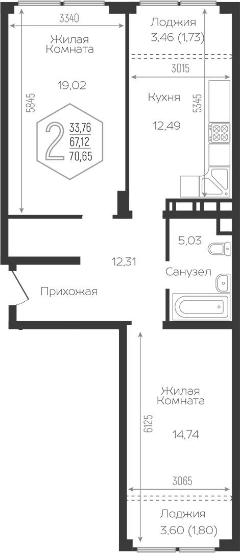 2-комн., 65.07 м², 12/16 этаж, ЖК «Гарантия PRIME»