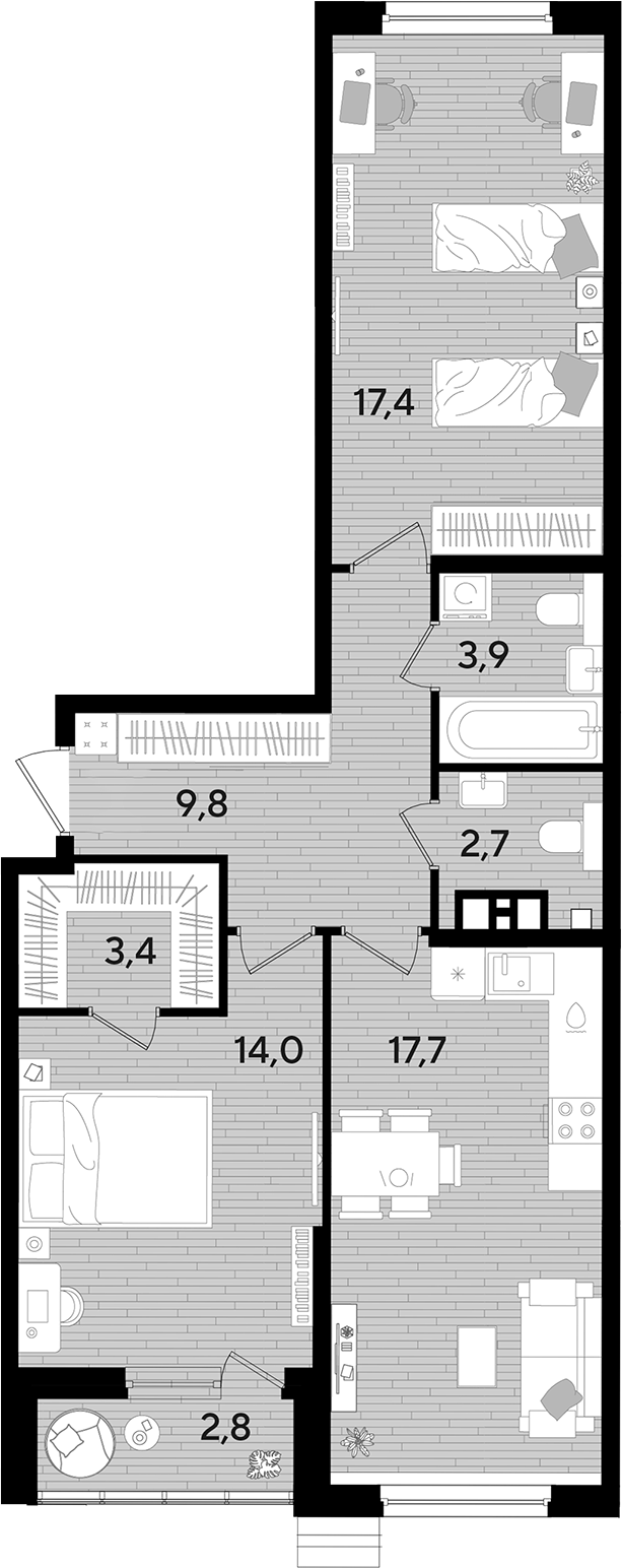 2-комн., 68.9 м², 3/16 этаж, ЖК «DОГМА ПАРК»