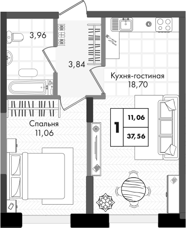 Продается 2-комн. квартира, 37.56 м²