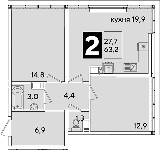 3-комн., 63.2 м², 16/16 этаж, ЖК «Самолет»