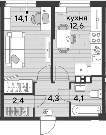 1-комн., 37.5 м², 7/16 этаж, ЖК «DОГМА ПАРК»