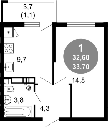1-комн., 32.6 м², 6/17 этаж, ЖК «Лестория»