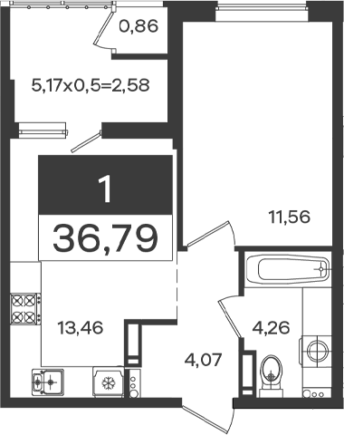 1-комн., 34.21 м², 13/18 этаж, ЖК «Образцово»