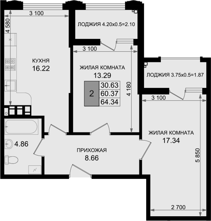 2-комн., 60.37 м², 3/8 этаж, ЖК «Резиденция морей»