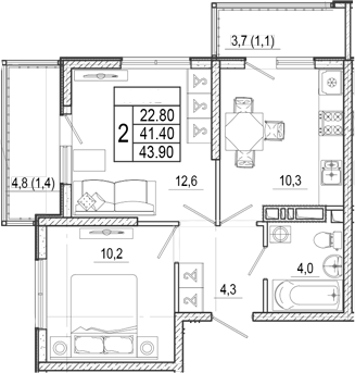 2-комн., 41.4 м², 16/17 этаж, ЖК «Лестория»