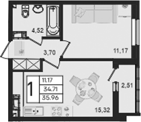 Продается 1-комн. квартира, 34.71 м²