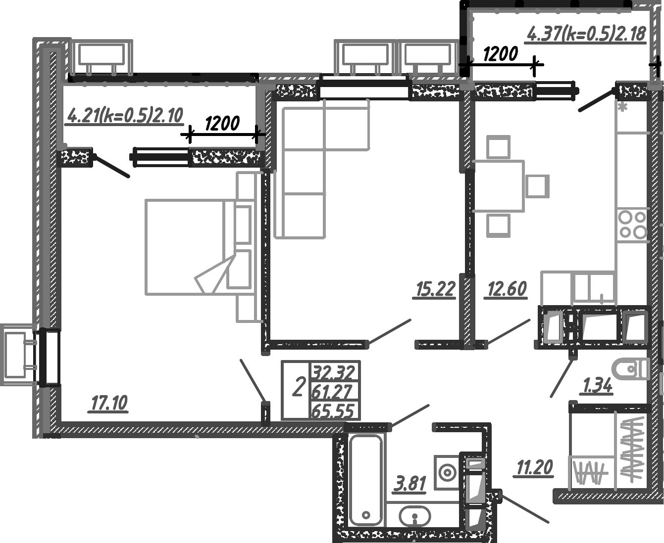 2-комн., 61.27 м², 15/24 этаж, ЖК «Родные Просторы»
