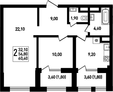 Продается 2-комн. квартира, 63.1 м²