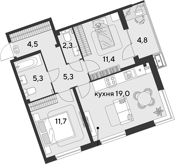 3-комн., 59.5 м², 2/18 этаж, ЖК «Парк Победы»