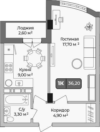 1-комн., 34.9 м², 8/9 этаж, ЖК «Опера»