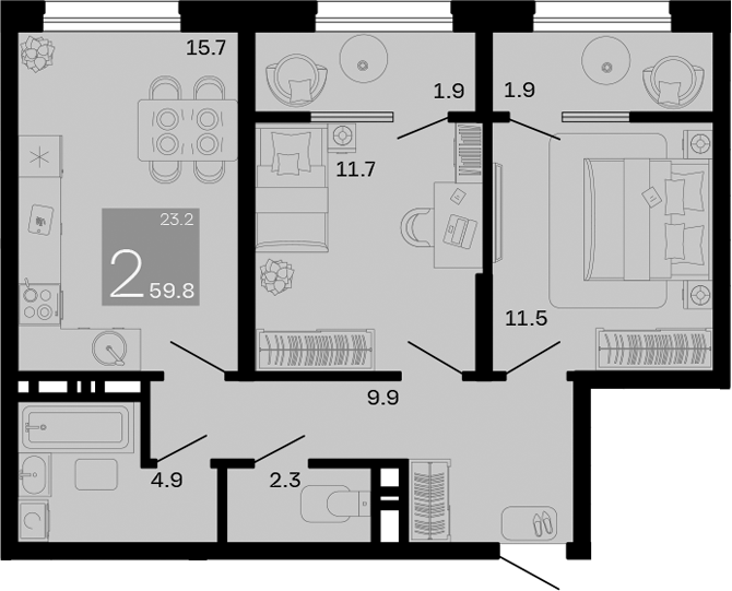 2-комн., 56 м², 8/8 этаж, ЖК «Хозяин Морей»