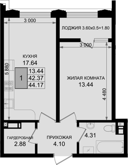 1-комн., 42.37 м², 7/8 этаж, ЖК «Резиденция морей»