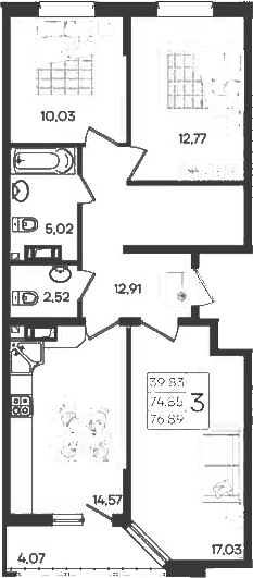3-комн., 74.85 м², 9/18 этаж, ЖК «Дом 101»