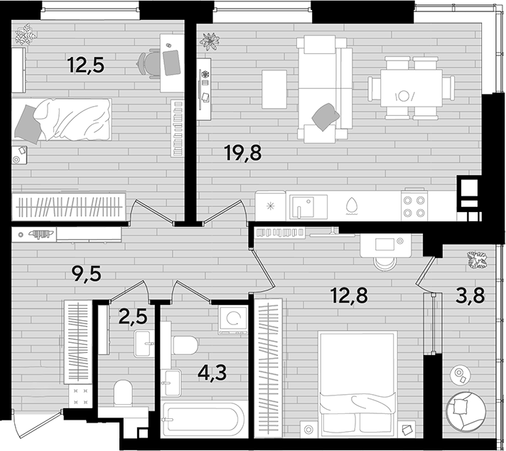 2-комн., 61.4 м², 7/16 этаж, ЖК «DОГМА ПАРК»