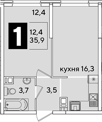 2-комн., 35.9 м², 3/16 этаж, ЖК «Самолет»
